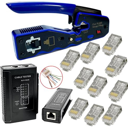 Inbrackets RJ45 Crimp Tool Pass Through Crimping Tool for Pass Through Easy Cat5e Cat6 RJ45 with Network Cable Tester and 10 CAT6 Connectors