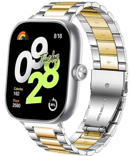 Blueshaweu Compatible for Xiaomi Redmi Watch 4 Smartwatch Band, Quick Release Stainless Steel Metal Replacement Straps Compatible with Xiaomi Redmi Watch 4 Smartwatch (Silver-Gold)