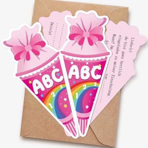 SupreLuck Einladung Einschulung Mädchen, 12 Stück Einladungskarten Einschulung mit Passenden Umschlägen, Schulanfang Deko Schultüte Mädchen (Pink)