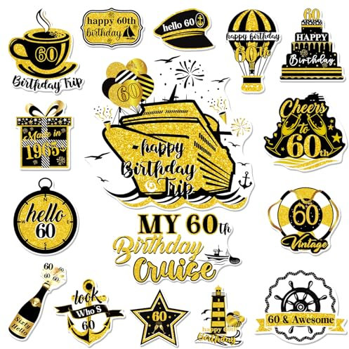 cosmisun Cruise Door Decorations Magnetic, 16 PCS 60th Birthday, Cheers to 60 Years Reusable Magnets, Retro Design for Carnival Cabin, Refrigerator, Party Decor
