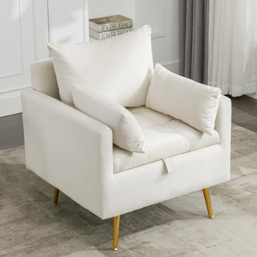 KOMHTOM Weiß/grau/grüner moderner Sessel Sofa mit Kissen, Loungesessel Stuhl mit Stauraum, Lesesessel für Wohnzimmer Schlafzimmer Balkon (Weiß)