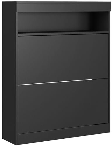 HOMCOM Schmaler Schuhschrank, Wandmontage oder freistehender Schuhschrank mit 2 Klappschubladen und offenem Regal für 12-16 Paar Schuhe für den Eingangsbereich, Hochglanz-Schwarz