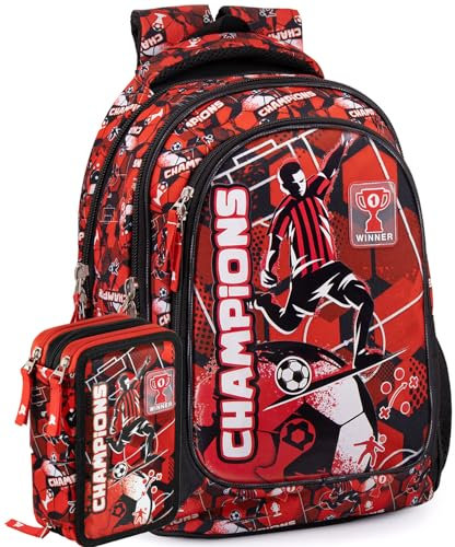 Clondo Schoolpack Julian Ross Champions Rossonero Zaino Scuola Elementare Con Astuccio 3 Scomparti Riempito Bambina, Regalo, Multizip, Per Milan Fan
