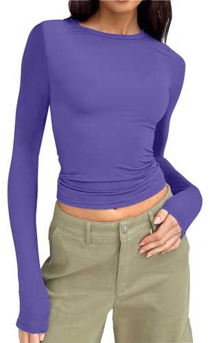 Maglia aderente da donna, a maniche lunghe, slim fit, Y2k, alta chiusa, crop top riflettente, top sportivo, tinta unita, a maniche lunghe, casual, elegante abbigliamento autunnale, Lilla, M