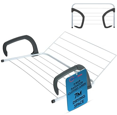 Laundry Mate Radiator Airer 9 Bars – Over Door Clothes Airer, Adjustable Folding Radiator Drying Rack for Towels & Laundry, 7M Drying Space Cloth Drying Rack for Radiators, Doors & Baths