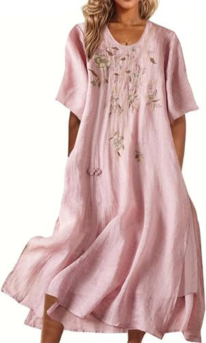 Femmes - Robe Longue En Coton Brodé De Fleurs Robe Maxi En Lin Eté Classique Demi Manches Rondes, Col Rond, Robes Fluides (02 Rose,L)