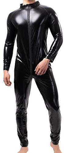 QiaTi Herren Latex Bodysuit Herren Ganzkörper Trikot mit langen Ärmeln Ganzanzug Kunstleder Bodysuit