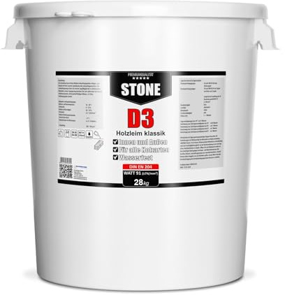 STONE D3 Holzleim Klassik – 28 kg Gebinde, wasserfest, für Innen & Außen, DIN EN 204 zertifiziert, starker Holzleim für Möbelbau, Tischlerei & Handwerk