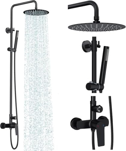 Rainsworth Kit de ducha para exteriores, color negro mate, válvula de latón de un solo mango, cabezal de ducha de lluvia de 8 pulgadas y combo de accesorio de ducha de pulverización de mano, montaje