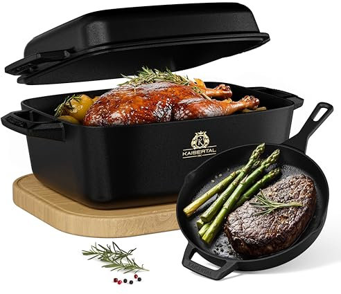KAISERTAL® 32 cm Bräter mit Deckel & eingebrannte 30 cm Gusspfanne – Gusseisen-Küchenset für Induktion, Backofen, Gas & Outdoor – Bräter oval 10 L + Gusseisenpfanne