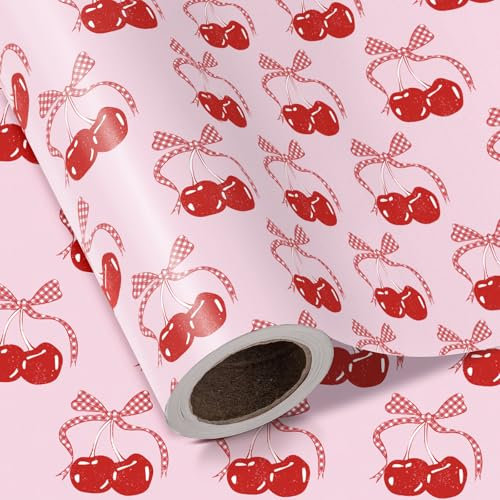 RUSPEPA Geschenkpapierrolle mit Kirschschleife – Minirolle – 43,2 cm x 5 m – Kokettes Geschenkpapier mit Kirschschleife, perfekt für Mädchengeburtstage, Valentinstag, Junggesellinnenabschiede