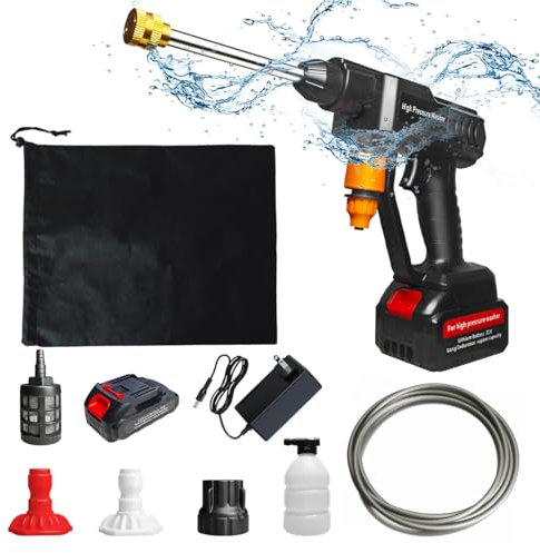 Nettoyeur Haute Pression sans Fil, 21V Nettoyeur Haute Pression sur Batterie avec Tuyau de 5M,Lance à Mousse de Neige, Buse de Pulvérisation Réglable-2 Batteries de 1,5 Ah