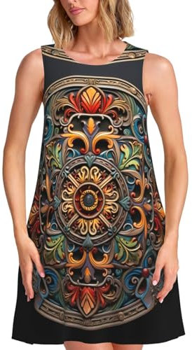 YQTGBCED Stylisches, knielanges Sommerkleid mit Medaillon-Motiv und vielen Taschen, für Strandurlaub und den Alltag, Schwarz , XXL