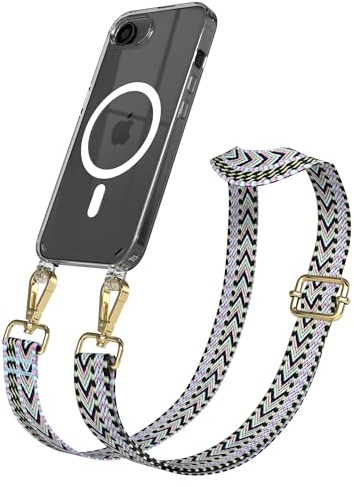 EAZY CASE Handykette - Verstellbares Taschenband kompatibel mit iPhone 16e, Schulterriemen, Handykordel mit Silikon Hülle, Qi Charging kompatibel, Umhängetasche, Lila Grün Gold