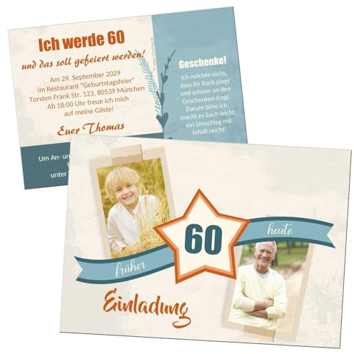 Einladungskarten zum Geburtstag, jedes Alter möglich, Vintage, Retro | modern, Text ist änderbar, als digitale Dateien (2 JPGs) oder gedruckt auf hochweißem Karton 1 - 200 Stück, Früher Heute