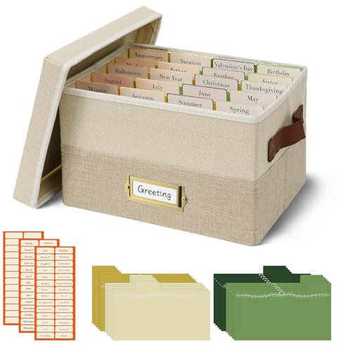 Vienrose Boîte de Rangement pour Cartes de Vœux en Lin, Beige | Boîte à Souvenirs avec 20 Intercalaires Amovibles et 84 Étiquettes Autocollantes pour Photos Cartes Postales et Enveloppes