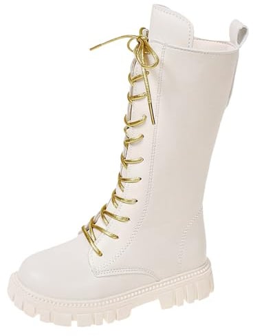 Botas Niña Altas hasta La Rodilla Botas de Combate Blancas Zapatos para Niña Zapatos Escolares de Piel SintéTica con Cordones y Cremallera Lateral Punk Goth Boot Princesa