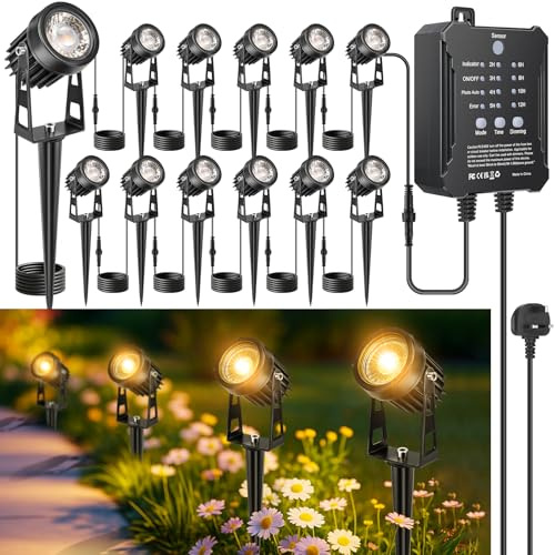 LightingWill Garden Lights Mains Powered with Timer & Photocell Sensor, Supports Extension Cable, 12 Pack LED Outdoor Spotlight, 3000K Warm White, IP65 Waterproof Low Voltage Garden Lights