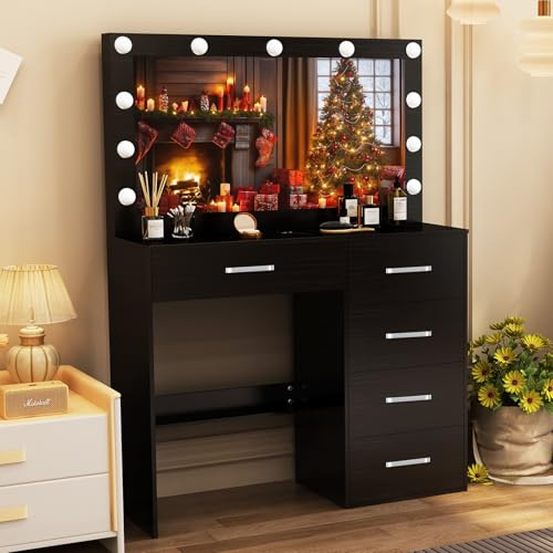 Saimeihome Schminktisch mit Beleuchtung & Spiegel, Schwarzer Kosmetiktisch mit 5 Schubladen, 80x36x130 cm, Ideal für Schlaf- & Kinderzimmer