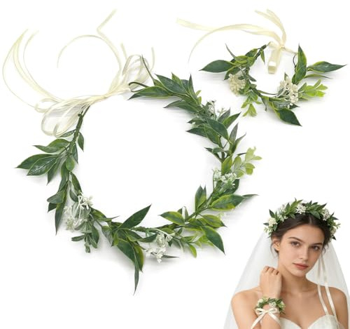 VRYNDH 1Stk Grüne Krone Blattkronen Tiara und 1Stk Blatt Blumen Armband Waldelfen Kopfschmuck Blattblumen Stirnband Braut Tiara Waldfee Kostüm Damen Haarschmuck Grün Blumenkrone für Hochzeit Party