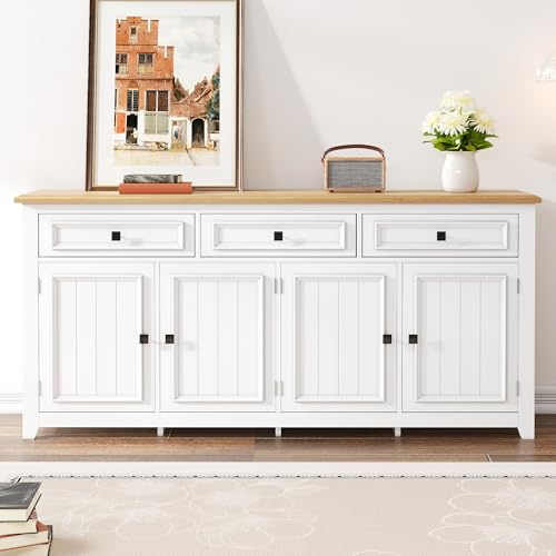 ModernLuxe Sideboard Buffet Kommode 160 cm Weiß mit Holzoptik, Moderne Anrichte mit 3 Schubladen & 4 Türen, großer Stauraum, Aufbewahrungsschrank Wohnzimmer Esszimmer Flur