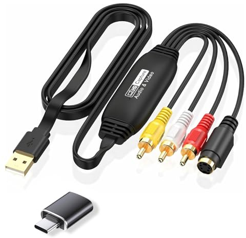 VHS to Digital Converter, USB Video Capture Card with RCA & S-Video Input, 1080P HD Audio Video Converter for Windows 11/10/Mac, Convert VCR VHS Tapes to Digital, 1m Cable