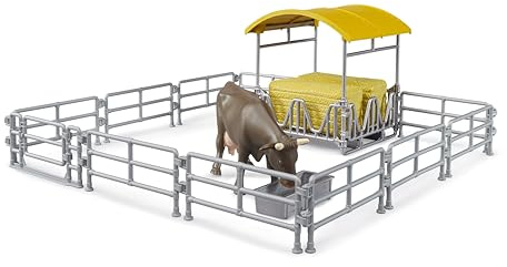 bruder 62612 - Heuraufe mit Zäunen, Trog, Quaderballen, 1 Rind | Zubehör für Bauernhof, Landwirtschaft, Kuh, Tier, Stall, Spielzeug Kinder ab 4 Jahren, 1:16
