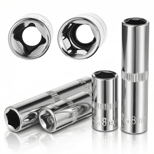 4 Pcs 1/4 Inch Drive 8mm Shallow & Deep Socket Set, 6 Point Chrome Vanadium Steel Metric Sockets for Ratchet Torque Electric Wrenches Car Repair, Mirror Finish