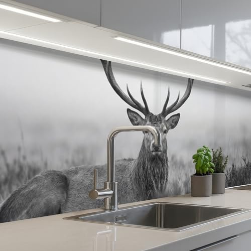 KitchenYeah© Splashback for kitchen 32x118 / 80x300 cm self-adhesive Sink Splash Splatter Guard Splashbacks Walls Deer - Foggy - Black - White