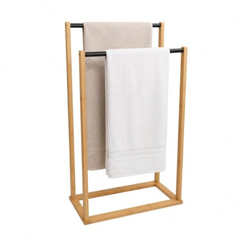 Toallero de Pie de Bambú con 2 Barras – Soporte para Toallas de Baño, Diseño Moderno y Antideslizante