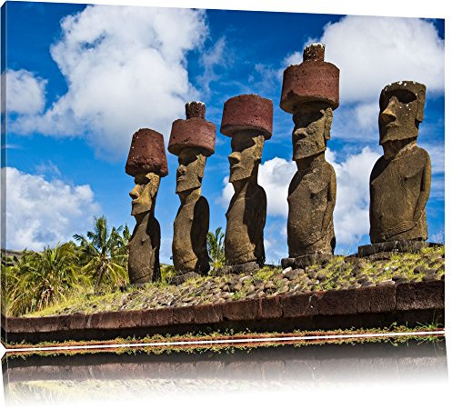 Pixxprint Moai Statuen auf den Osterinseln am Tag, Größe: 120x80cm, Leinwandbild, fertig gespannt, Wandbild, Dekoration, Kunstdruck, kein Poster