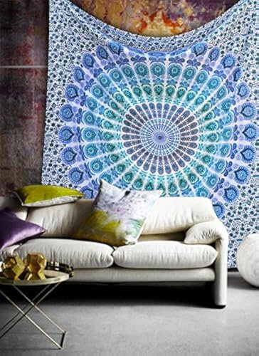 Popular Handicrafts Wandteppich, Hippie-Mandala, Bohemian-Stil, psychedelisch, Hippie, aufwendiges Blumendesign, indische Wandteppiche, Tagesdecke, 215 x 230 cm, Rot/Gelb