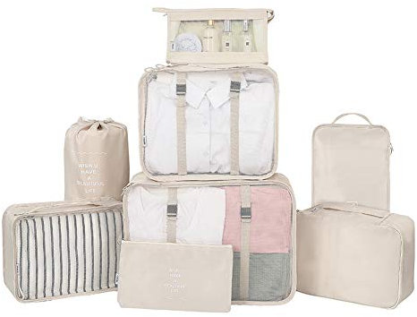 Belsmi Reise Kleidertaschen Set 8-teilig Reisetasche in Koffer Reisegepäck Organizer Kompression Taschen Kofferorganizer Mit Schuhbeutel (Stil A - Beige)