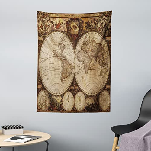 ABAKUHAUS Weltkarte Wandteppich, Historische alte Atlas aus Weiches Mikrofaser Stoff Waschbar ohne Verblassen Digitaldruck, 110 x 150 cm, Braun Beige