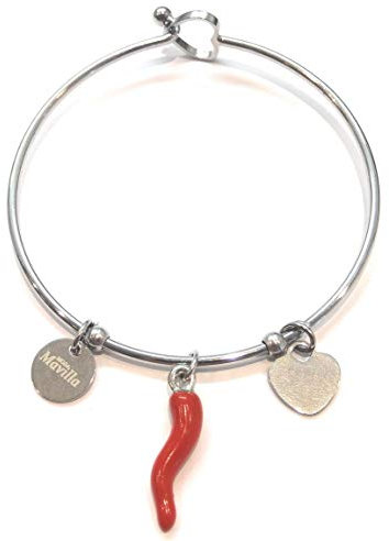 Damen-Armband aus Stahl mit Horn Glücksbringer. Hergestellt in Italien. Emotionales Stahlarmband – Sätze, Gedanken, Worte mit Charms – Anhänger – Größe verstellbar.