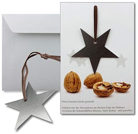 2x Grußkarten mit echtem Edelstahl-Nussknacker Form Stern und Lederband inklusive Umschlägen in Naturweiß Format DIN B6