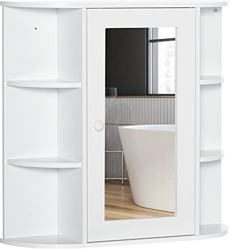 HOMCOM Spiegelschrank Bad, Badezimmerschrank mit Spiegeltür, Badschrank mit offenen Regalböden, Hängeschrank Wandschrank, Weiß, 66 x 17 x 63 cm