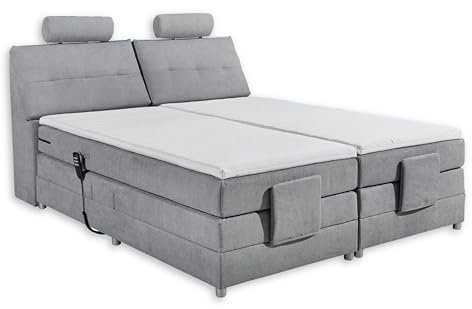 PALERMO 2 Boxspringbett 180x200 elektrisch verstellbar, Hellgrau - Bequemes Doppelbett mit dekorativer Steppung & Komfortschaum Topper - 180 x 127 x 234 cm (B/H/T)