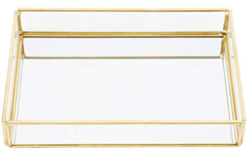 Glas Make-up Tablett, Gold dekorative Tablett Kosmetik Veranstalter Schmuck Tablett Eitelkeit Parfüm Tablett Osmanische Tablett für Kommode Badezimmer(11,8 x 7,9 Zoll)