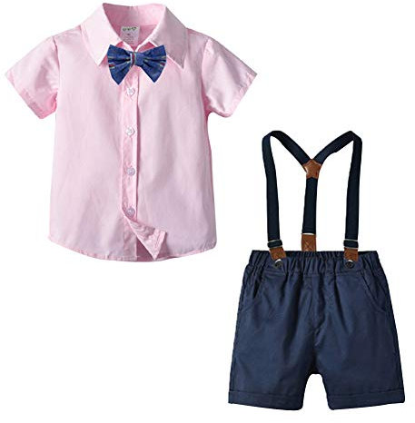 Mud Kingdom Bébés Garçons Costume de Gentleman Chemise à nœud Papillon Barboteuse à Bretelles Ensemble D'été Rose 2 Ans