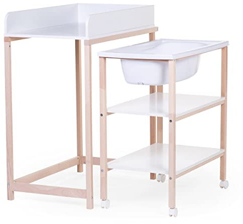 CHILDHOME, Table À Langer Avec Baignoire, Roues Facilite Le Déplacement, Unité De Change, Robuste, Sécurité Optimale, Ultra Pratique, Compacte, Bois Naturel De Hêtre