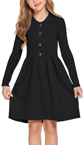 Flypigs Robe décontractée pour Fille, Robe Festive à Manches Longues, Robe tricotée Automne-Hiver, Robe Patineuse Unie, Robe de soirée élégante, Noir, 8-9 Ans, 128 134