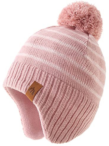 AHAHA Wintermütze Mädchen Kinder Beanie Earflap Pompon Strickmütze 53CM