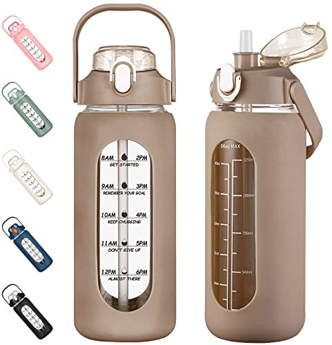 kytffu Borraccia in vetro con cannuccia, bottiglia motivazionale in vetro con custodia in silicone e indicatore del tempo, grande brocca in vetro a prova di perdite, per palestra, casa, ufficio, ambra