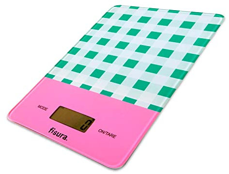 FISURA - Balance de cuisine numérique verte Vichy. Balance électronique originale 5kg/11lbs. Fonction Tare avec Précision. Verre et ABS. 15 x 22