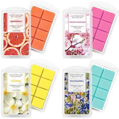 Fondants de Cire Parfumés, Cubes de Cire de Soja Parfumés pour Chauffe-Cire, Décor de la Saint-Valentin, 4 x 2,5 oz, Pamplemousse, Fleurs de Cerisier, Jacinthe Sauvage, Plumeria, Cadeau de Noël