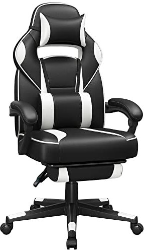 SONGMICS Fauteuil de Bureau, Chaise Gaming, Réglable, Repose-Pieds Télescopique, Mécanisme à Bascule, Appui-tête, Support Lombaire, Charge 150 kg, Noir d'encre et Blanc Nuage OBG73BW