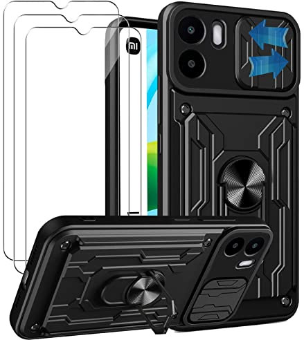 KZIOACSH Coque Xiaomi Redmi A2 / Redmi A1 avec 3 Verre Trempé,Heavy Duty Antichoc Bumper Housse,Couvercle de caméra à glissière+360°degrés Béquille à Bague de Rotation,Noir