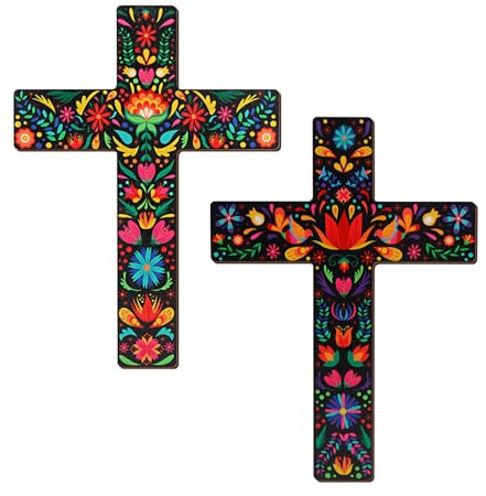 Lebsitey Blumen-Kreuz-Wanddekoration, mexikanisches Kreuz-Dekor, handbemaltes Holz, Tag der Toten, Wandkreuz für Zuhause, Zimmer, Kirche, Dekoration, 21,6 x 30,8 cm