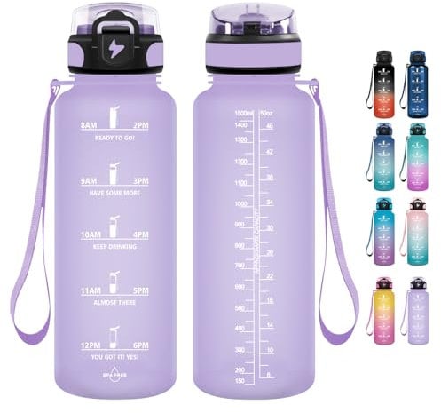Grsta Borraccia 1,5 Litri, Borraccia Palestra senza BPA, Borraccia Sportiva con Cannuccia & Indicatore del Tempo Motivazionale, per Studio Fitness, Scuola, Ufficio - Viola